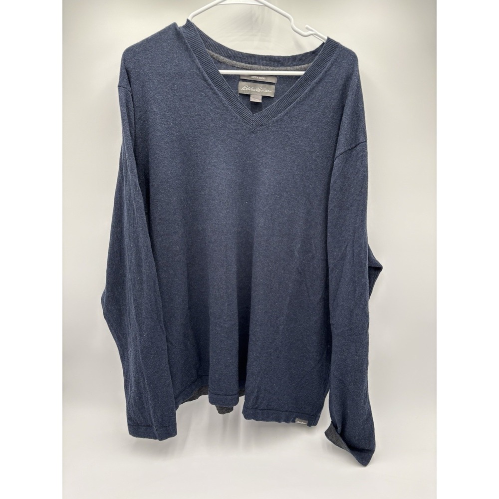 Eddie Bauer Men's V-Neck Sweater 2XL Blue Cotton Merino Pullover